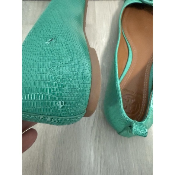 TORY BURCH Size 6.5 M Mini Miller Pond Green Logo Ballet Flat Leather Shoes - Picture 9 of 13